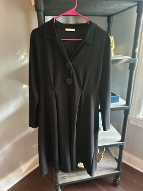 Les Copains Black Long Sleeve A-Line Dress with Covered Buttons
